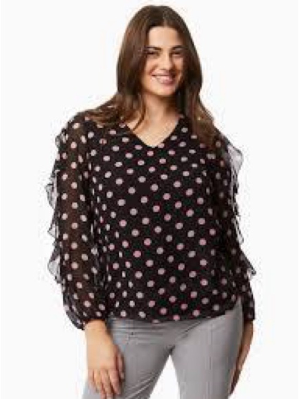 Laura Black Sheer Sleeve Blouse with Pink Polka Dots (SZ 22)